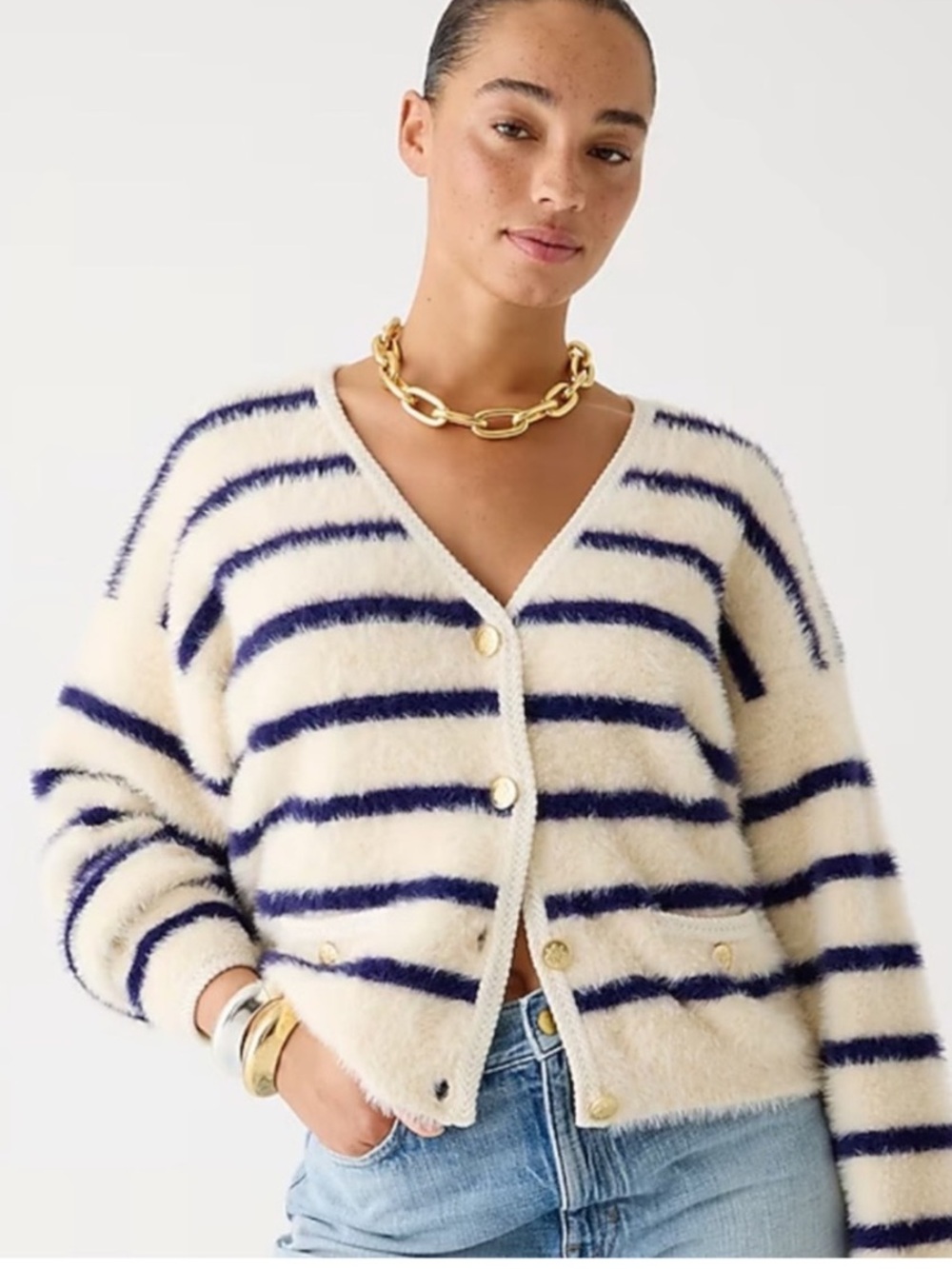 J.Crew lady jacket striped brushed yarn chic cardigan L